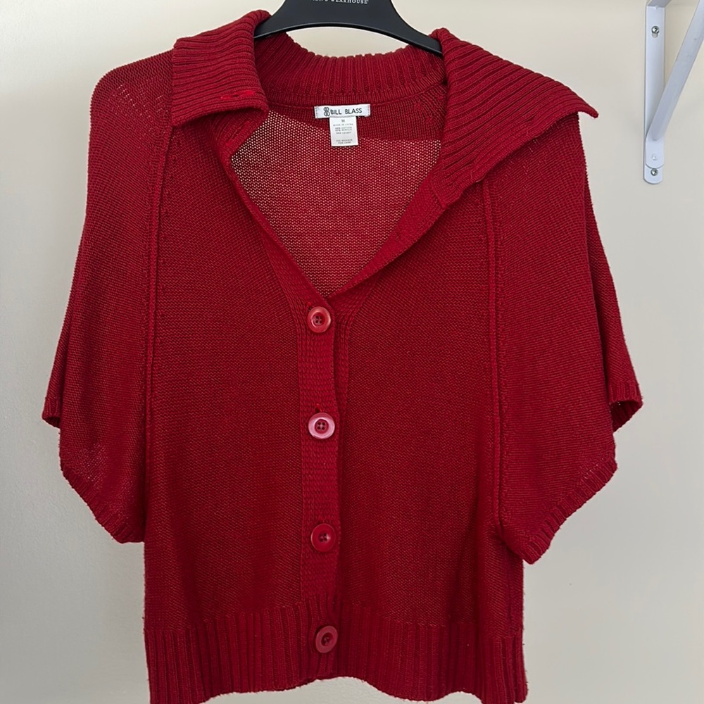 Red Bill Blass sweater with shawl sleeves